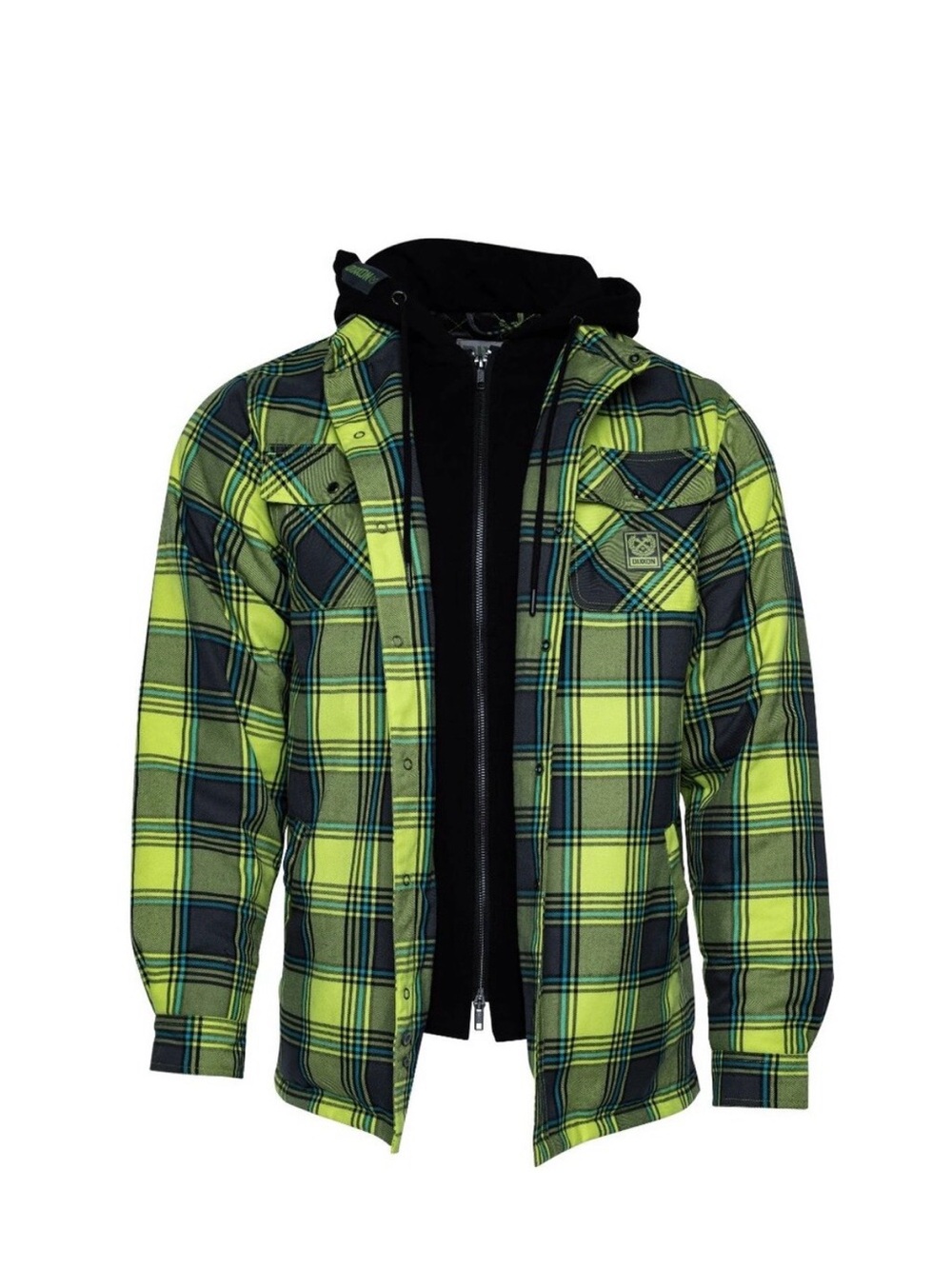 DIXXON Flannel The Jobsite Jacket Neon Green Blue Gray Plaid Hooded Shirt Men 2X